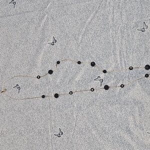 Vintage Korea Black Bead Station Necklace Gold Tone 18"